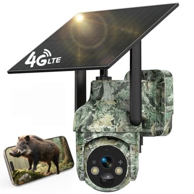 LEMNOI Caméra Trap Solaire Cellulaire 4G LTE, Carte SIM Intégrée sans WiFi, Caméra Surveillance avec Détection de Mouvement, 2K Vision Nocturne, 360° PTZ, Audio Bidirectionnel, IP66 Etanche (1 Unité)
