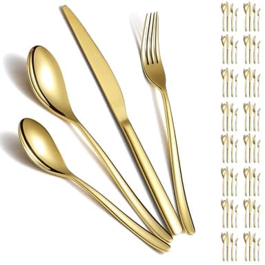Berglander Ensemble de couverts en or 48pcs pour 12, couverts en acier inoxydable plaqué titane doré, couteaux pour la maison, le mariage, le Restaurant, l’hôtel, le lave-vaisselle