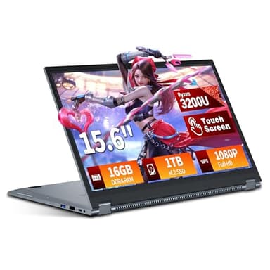 2 en 1 Écran Tactile 15,6 Pouces Ordinateur portable Ryzen R3-3200U (jusqu'à 3,5 GHz) PC Portable 16Go RAM 1To SSD 360 ° Rotation FHD IPS Win 11 Laptop Clavier Rétroéclairé TypeC RJ45 WIFI 5 HDMI