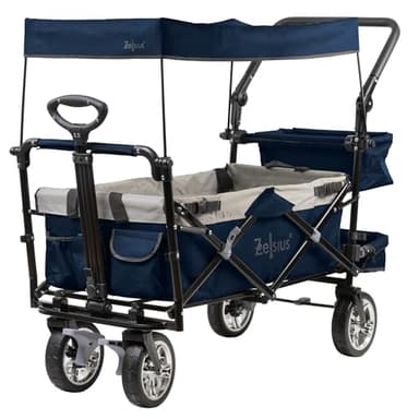 Zelsius Chariot de Transport à pédales Pliable avec Toit | Bleu/Gris | Chariot avec système de Ceinture | Chariot à Main, Chariot à Outils| pour Le Jardin, la Plage | Pliable avec Toit Solaire