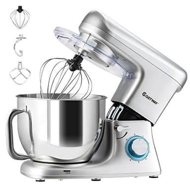 COSTWAY Robot Pâtissier, 7 Litres Robot avec Crochet à Pâte et Fouet à Fils, Bol en Acier Inoxydable avec Poignée Ergonomique, 6 Vitesses Réglables, Moteur en Cuivre Puissant 1400 W (Argent)