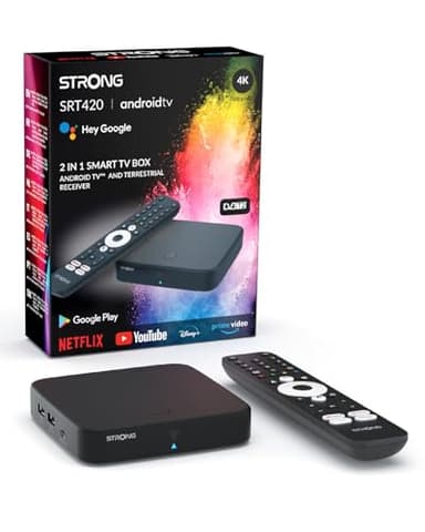 STRONG SRT420 Streaming Box Android TV 4K avec Port Ethernet, DVB-T2, 2GB RAM + 8GB Stockage, Chromecast Intégré, WiFi, Assistant Google Vocal, HDR10+