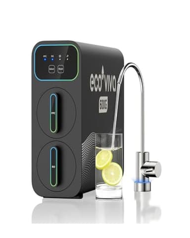 Ecoviva E6 Filtre à eau par osmose inverse compact et fin, filtre sous l'évier de 600 GPD avec robinet, système RO sans réservoir à 9 étapes, réduit le TDS, design compact pour tout espace de cuisine