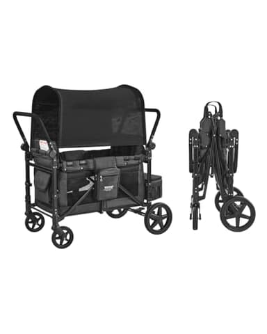 VEVOR Poussette Chariot pour 4 Enfants Pliable à Quatre Roues, Capacité Charge 150 kg, avec Poignée Réglable, Harnais de Sécurité, Auvent Amovible, Poussette 4 Places pour Camping, Gris Foncé et Noir