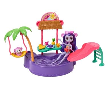 Enchantimals Coffret Piscine En Forme De Singe Avec Poupée De 15,3 Cm, Figurine Animal, Toboggan, Balançoire, +12 Pièces De Jeu, Jouet Enfant, A Partir De 4 Ans, HTW73