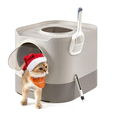 Feandrea Bac à Litière, Litière pour Chat XXL, avec Couvercle, Plateau Amovible, Pelle, Brosse, Espace pour Grands Chats, Moins de Traces, Fond Anti-Fuite, Oatmeal et Gris Chaud PPT002G01