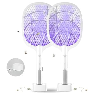 DANGZW Raquette Anti-moustiques, 2 en 1 4000V USB Rechargeable Tapette à Mouches Electrique avec Base de Chargement Contre Moustiques, Mouches, Insectes, Volants