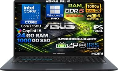 ASUS Ordinateur Portable Intel Core i7 14ᵉ Gén 5.4 GHz 10 Cœurs, RAM 24Go DDR5, SSD 1To, Écran 15.6" FHD IPS, WiFi6E, Copilot IA, CAM 1080p, Clavier AZERTY Rétroéclairé, Empreinte Digitale, Win 11 Pro