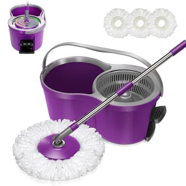 Masthome Serpillière et Seau Essoreur, 360° Balai Serpillère en Microfibre Réglable, Seau 2 en 1 avec Zone de Lavage et d' Essorage, Balai à Franges avec 3 Têtes Serpillere, Violet