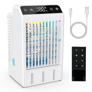 Climatiseur Mobile, 1000ML Climatiseur Portable, Refroidisseur d'air Portable avec Télécommande, USB Mini Climatiseur Ventilateur, 2-12H Minuterie, 3 Vitesses, LED 7 Colorées, Maison, Bureau