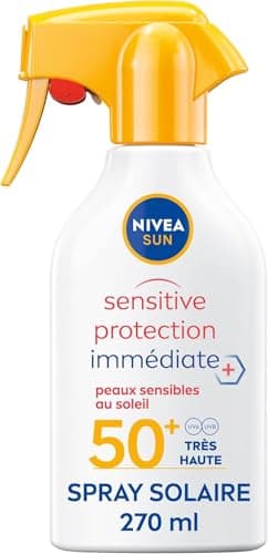 NIVEA SUN Spray solaire Sensitive Protection Immédiate Peaux Sensibles FPS 50+ (1 x 270 ml), Protection anti UV non grasse et sans parfum, Crème solaire résistante à l’eau