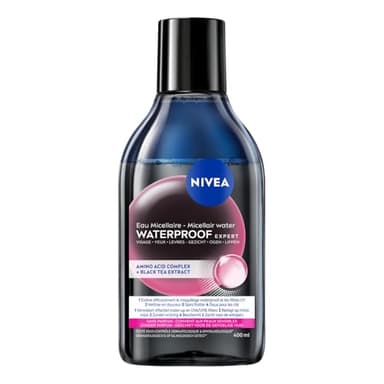 NIVEA - Eau Micellaire Waterproof - Visage, Yeux, Lèvres - Nettoie Les Pores & Démaquille - Doux Pour Les Cils - Micelles, Acide Aminé & Extraits De Thé Noir - Vegan - Tous Types De Peaux - 400 ml