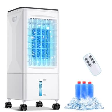 Climatiseur Mobile Portable Silencieux 5.5L Rafraîchisseur d'Air, 60W, Sans Evacuation, 3 Vitesses, 7H Minuteries, 60°/120° Oscillation, Télécommande, 3 Blocs Réfrigérants pour Chambre