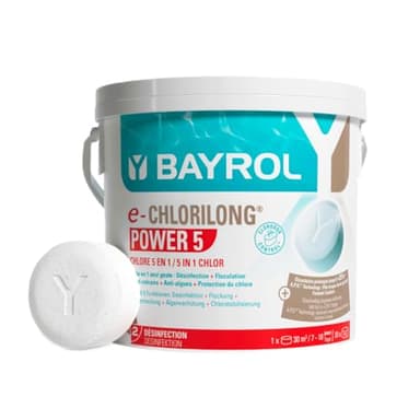 BAYROL e-Chlorilong POWER5 5 kg - Galets de Chlore Multifonction 200 g - Traitement 5 Fonctions en Un Seul Geste - pour Tous Types de filtres - Formule Silk Effect