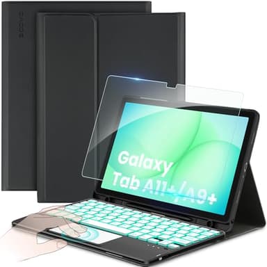 CACOE Étui Clavier Compatible avec Samsung Galaxy Tab A11 Plus / А9 Plus 2025/2023 11 Pouces avec Pavé Tactile, Éclairage 7 Couleurs Clavier AZERTY sans Fil Amovible, Noir