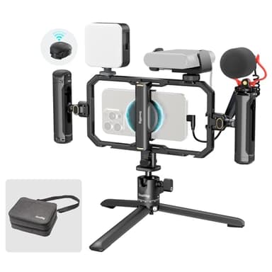 SMALLRIG Kit de Montage Vidéo Universel Tout-en-Un pour Téléphone avec Éclairage LED/Microphone/Trépied/Deux Poignées/Support de Batterie Externe, pour Vlogging et Diffusion en Direct - 4704