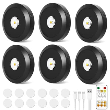 Valyrane Lot de 6 Spots LED Sans Fil avec Télécommande, Dimmables, 3 Températures de Couleur (3000K/4500K/6500K), Lumières Puck pour Cuisine, Armoire et Vitrine, Éclairage Tactile et Adhésif