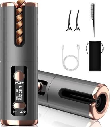 Fer a Boucler Cheveux Automatique Sans Fil Fer a Friser avec 6 Réglages de Température & Minuteur, Boucleur Céramique USB Rechargeable, Anti-brûlure, pour Cheveux Longs Courts