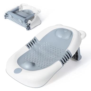Orzbow Pliable Support Baignoire Bébé, Stable Transat de Bain avec Structure Triangulaire, Base Antidérapante à Ventouses, Toucher Doux, Adapté aux Nouveau-nés, Portable, Gris