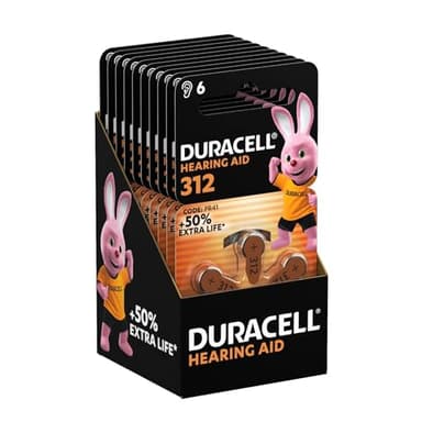 Duracell Piles pour appareils auditifs taille 312 (lot de 60) +50 % de longévité, installation facile, emballage 100 % recyclable, conservation garantie 4 ans