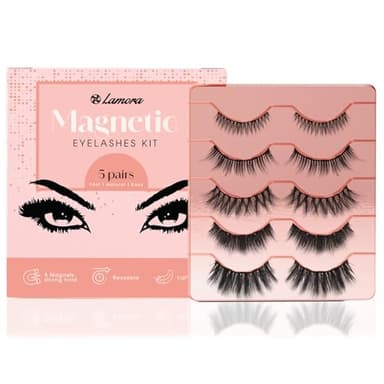 Lamora Faux Cils Magnetique Naturel - Doux, Faciles à Utiliser, Réutilisables, Sans Colle - Kit de Cils pour Toutes les Occasions, Apprécié par les Professionnels et Débutants en Maquillage