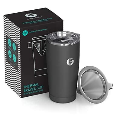 Coffee Gator Cafetière de voyage Cafetière sans papier tout-en-un – 45 cl – Tasse thermos avec microfiltre et capuchon hermétique (Gris)