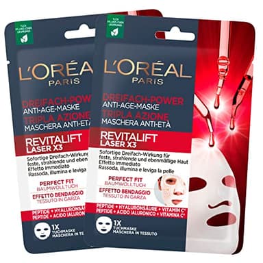 L'Oréal Paris Revitalift Laser X3 - Masque facial anti-âge en tissu, triple action raffermissante, illuminante et lissante, effet lifting, avec acide hyaluronique et peptides, 2 monodoses