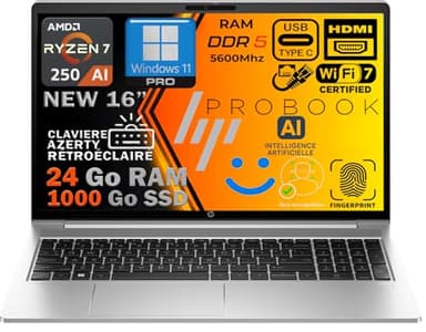 HP ProBook G1a Ordinateur Portable AI, Ryzen 7 250 5.1 GHz, RAM 24Go DDR5, SSD 1To, Écran 16" FHD, WiFi7, Radeon 780M, Empreinte Digitale, CAM 5MP, Clavier AZERTY Rétroéclairé, Aluminium, Win11 Pro