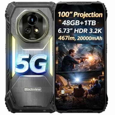 Blackview 5G IA Projecteur Smartphone Incassable XPLORE 2, Projection 100'', 48GB+1TB, 6.73'' 3.2K HDR Écran, 467lm Camping Lumières, Vision Nocturne 50MP, Batterie 20000mAh, Téléphone Robuste IP68