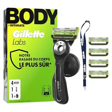 Gillette Labs Body + Intimate Rasoir Intime Homme Pour Le Rasage Du Corps Et Du Pubis, Cartouche De Lames Avec Une Barre Anti-Poils Incarnés, Manche Facile A Gripper, 5 Recharges, Tour De Cou