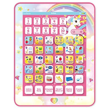 Lexibook, Licorne, Tablette éducative bilingue, Jouet pour Apprendre Les Lettres Chiffres vocabulaire et Musique, Langues Français / Anglais, Rose, JCPAD002UNIi1