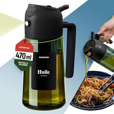 PORTENTUM Spray huile cuisine 470 ml 2 en 1 avec fonction spray et versement – Vaporisateur et pulverisateur en verre vert protection contre lumière – Accessoire air fryer avec étiquettes multilingues