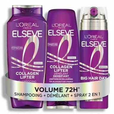 L'Oréal Paris - Routine Effet Lift Instantané - Cheveux Fins & Plats - Volume 72H - Enrichi en Peptides de Collagène - Shampooing, Après-Shampooing, Spray 2 en 1 - Elseve Collagen Lifter