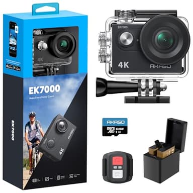 AKASO EK7000 Caméra Sport 4K 30fps 20MP WiFi avec Carte Mémoire microSDXC 64 Go, Action Camera 4k Étanche jusqu'à 30M avec Stabilisation Grand Angle de 170° Télécommande 2.4G