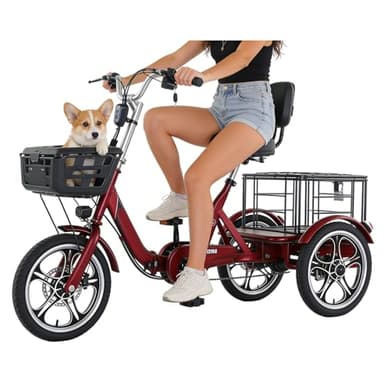 Tricycle adulte electrique 3 roues pliable, nouveau velo electrique adulte avec grand panier, 400W moteur, idéal pour courses, transport, animaux, vélo cargo electrique stable capacité 200kg Red