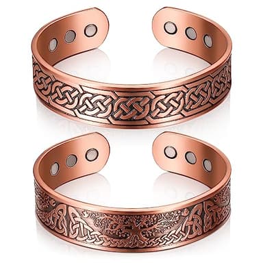 Otuuz 2 Pièces Bracelets Magnétiques en Cuivre 99,99% Bracelet en Cuivre 3500 Gauss avec 9 Aimants Bracelet Aimanté en Cuivre Réglable Bracelet en Cuivre Massif avec Motif Arbre et Celtique, 2 Styles