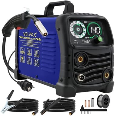 VELPAX Poste à Souder MIG-140,Poste A Souder MIG MMA TIG 140Amp MIG/Stick MIG Sans gaz Flux Core MIG,Soudage par points, IGBT Inverter Poste A Souder,avec Pistolet Soudage MIG,Fil de0.8mm
