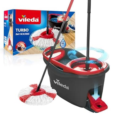 Vileda Turbo Balai avec Seau à pédale, Manche télescopique 85-130 cm, Balai à Franges avec essoreur Rotatif, Franges en Microfibres 2en1, Balai et Seau à pédale Gris
