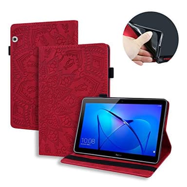 Coque Huawei Mediapad T3 10, Lspcase Etui Huawei Tablette T3 9.6 Pouces Housse en Cuir Flip Stand Portefeuille Porte-Stylo et Carte Slot Case Cover pour Huawei Mediapad T3 10 9.6" Mandala Fleur Rouge