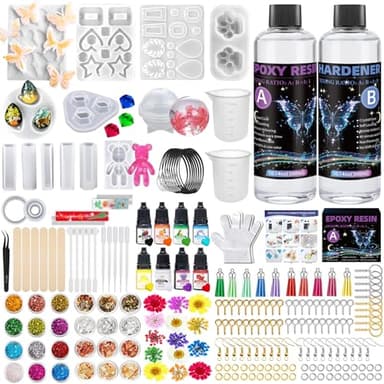 BBWELL Résine Époxy Transparente 600ml,Kit de Résine pour Débutants,Kit Résines Epoxy Complet,avec Moules,Colorant,Paillettes,pour Bricolage Fabrication,Collier,Porte clés(2)