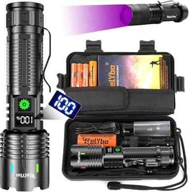 Relybo Lampe Torche LED Ultra Puissante, 1000000 Lumen Lampe De Poche, Lampe Torche Rechargeable USB, Lampe De Poche LED Ultra Puissante, Lampe Tactique Militaire Police, 5 Modes pour Urgences Camping