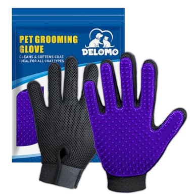 DELOMO Gants de Toilettage pour Animaux - Brosses Douces pour Chats - Gants Efficaces pour Éliminer les Poils - Gants de Bain pour Chiens à Poils Longs et Courts & Chats & Chevaux - 1 Paire (Violet)