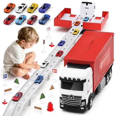 Transport Truck - Voiture Jouet pour garçons âgés de 3, 4, 5, 6 Ans - Portable - avec 8 Voitures de Course - Véhicule de Transport - Jouet pour Enfants (Rouge)