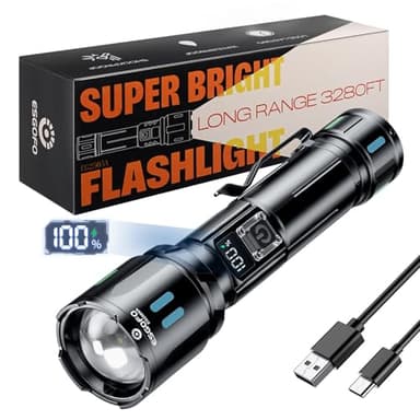 Esgofo Lampe Torche LED Ultra Puissante 1000000 Lumens, Lampe de Poche LED Rechargeable USB C Longue Distance Tactique Zoomable 3 Modes de Longue Durée 15H, pour le Camping Randonnée D'urgence