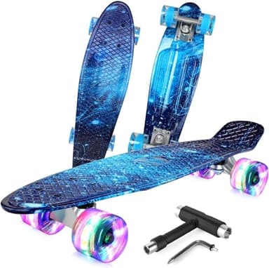 BELEEV Skateboard Complet Mini Cruiser pour Enfants 56cm, Adolescents, Adultes, Roues Lumineuses LED avec Clé de Type T, Tout-en-Un pour Filles Garçons Débutants