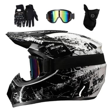 Double Sport Casque de Motocross, Jeunesse Enfants Intégral Tout-Terrain Courses Moto Casques, Descente BMX MTB VTT Enduro Quad Dirt Bike Casque, avec Lunettes Gants Masque(White Black,S/52-53CM)