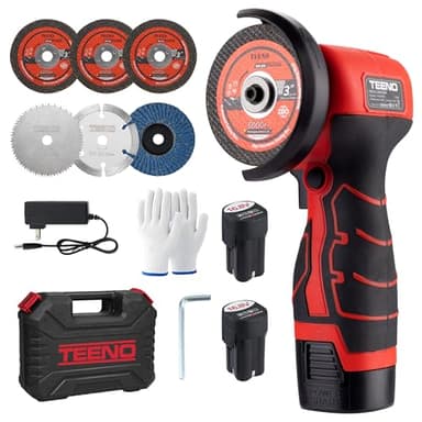 Meuleuse d'Angle Sans Fil TEENO 19 500 RPM, Disqueuse 76mm avec 2 Batteries 2000mAh, 6 Disques Tronçonnage + Boîte Plastique - Pour Meulage, Polissage, Découpe Professionnels