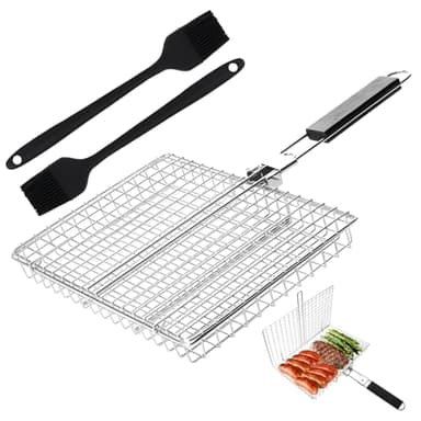 Vaskula Grille Barbecue Pliable Griller Panier Robuste Panier de Barbecue avec Poignée Brosse en Silicone Accessoires Barbecue pour Le Camping et Les Grillades en Plein Air Poisson Légumes Viande