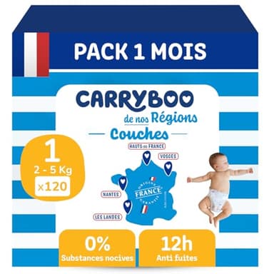 CARRYBOO - Couches Taille 1 (2-5kg) - Saines et Ultra Absorbantes - 12h Anti Fuites - Sans substances indésirables - Fabriquées en France - Prix Accessible - 120 Couches Jetables - Pack 1 Mois