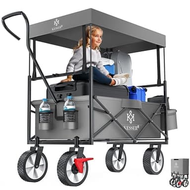 KESSER® Chariot de Transport Pliable avec Toit | Charrette à Bras | Chariot à roulettes | Remorque de Transport | 2 Poches en Mesh et Une Poche extérieure fournies | Pliable (Grau)